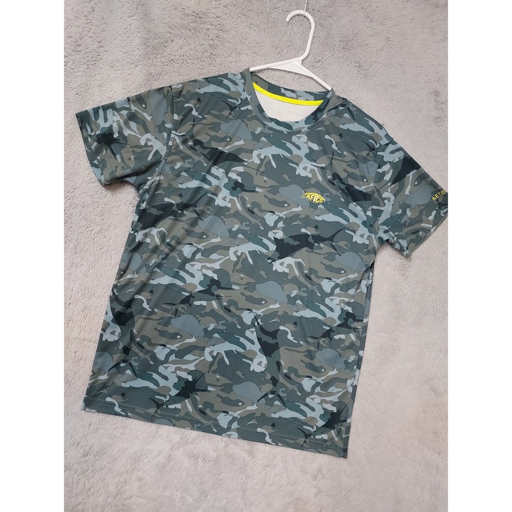 Aftco Shirt Mens Small Camo Fishing Performance Activewear Jersey Blue Green S